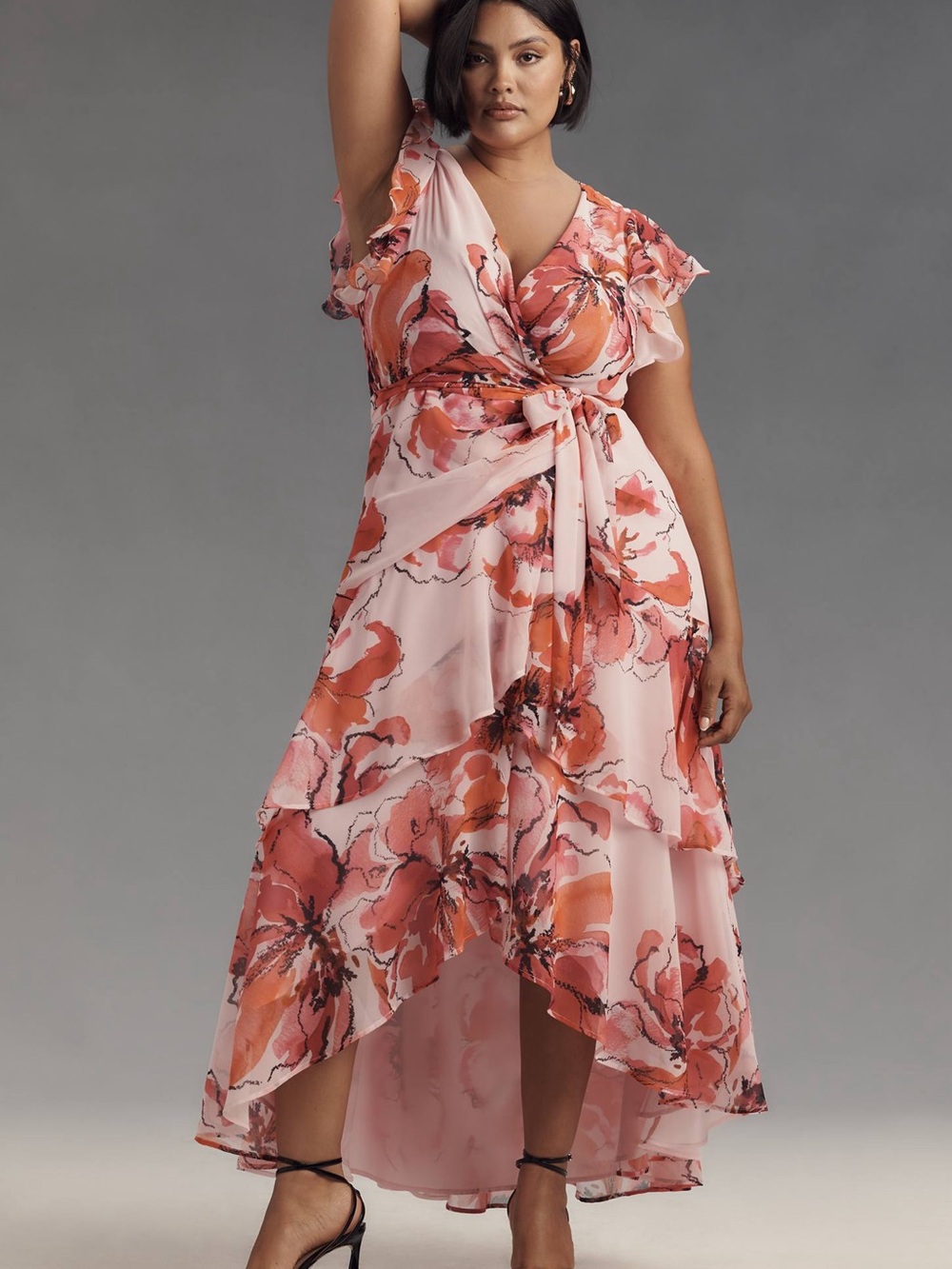 Anthropologie Hutch Pink and Coral Floral Wrap Midi Dress